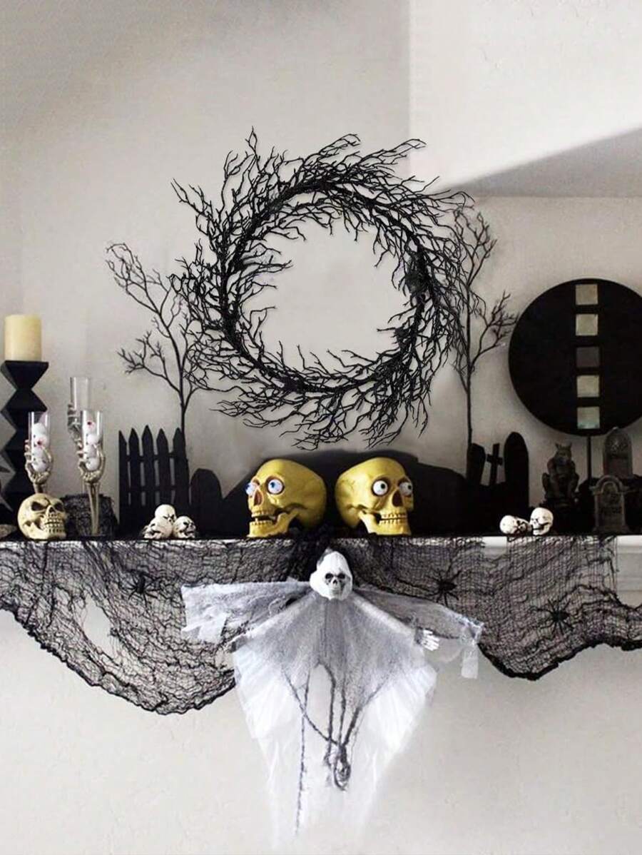 1pc Realistic Black Dried Vine Wreath Decoration, Halloween Horror Party Door Hanging, Artificial Black Withered Branch Decor Suitable For Halloween And Gothic Style Home Decor Halloween Decor Fall Decor Room Decor Autumn Decor