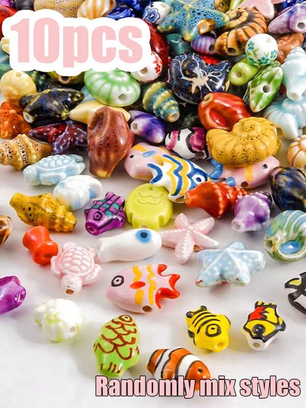 10pcs Colorful Hole 2mm Clown Fish Ceramic Beads Cute Jewelry Bracelet DIY Handicraft, Ceramic Double Sided Colorful Printed Small Fish Loose Beads DIY Handmade Bracelet Necklace Hair Accessories Material,
