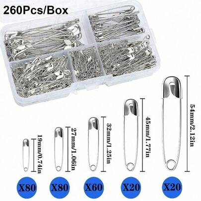 260Pcs Pins Assorted Size, Nickel Plated Steel Pin, Large Pins And Small Pins For Clothes, Crafts, Pinning, Sewing