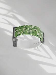 1 pieza Pulsera de repuesto suave y elástica con patrón de flor blanca sobre fondo verde, transpirable, compatible con Samsung, Garmin, Honor smartwatches, 38mm 40mm 41mm 45mm 44mm 42mm 49mm. Correa de silicona elegante y casual, compatible con Ultra SE/10/9/8/7/6/5/4/3/2/1