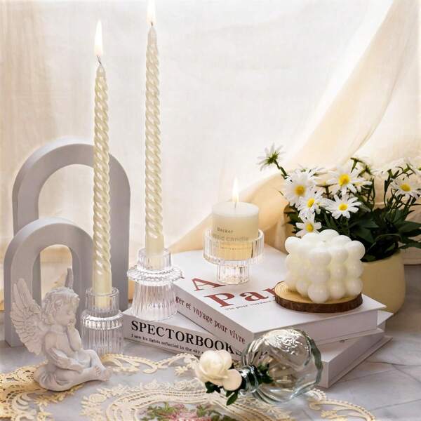 Glass Candle Holder Set, Transparent Conical Vertical Striped Candle Holder, For Wedding, Party, Tabletop Decoration