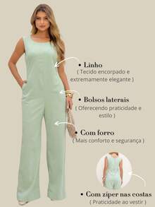 Elegant Linen Pantaloon Jumpsuit Wide Legs And Discreet Pockets - Water Green - View 6