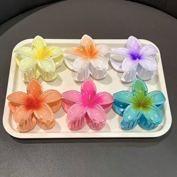 Pinces à griffes 6 pièces Grandes pinces à cheveux en forme de patte de fleur de frangipanier, pinces à cheveux fleuries à la mode, pinces latérales rétro convenant aux femmes, élégantes, minimalistes, multifonctionnelles, adaptées pour le quotidien, les fêtes, le travail, les voyages, accessoires capillaires, cadeau pour la fête des mères (les produits individuels peuvent présenter de légères taches, peinture, taches ou une finition médiocre en raison de problèmes d'artisanat, ce qui n'affecte pas l'apparence du produit et peut être vendu et utilisé normalement, merci de comprendre !)