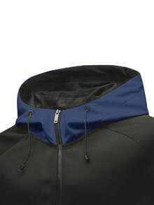 1pc Men's Colorblock Hooded Windbreaker Jacket, Water Resistant, For Autumn/Winter - Navy Blue - View 4