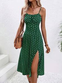 波点印花优雅褶饰胸前开衩连衣裙 - 綠色 - 查看 3