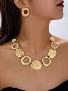 3pcs/Set Elegant Geometric Necklace+Earring Jewelry Set, Asymmetrical Circle Hammered Hollow Design, Fashion Minimalist, Suitable For Daily, Holiday, Party, High-End Luxurious Accessories