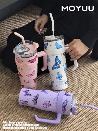1pc 40oz Romantic Butterfly Design Tumbler, Stainless Steel Vacuum Insulated Travel Mug With Handle And Straw, Suitable For Gifts, Office, Car, Outdoor, Gym, Travel, Home
