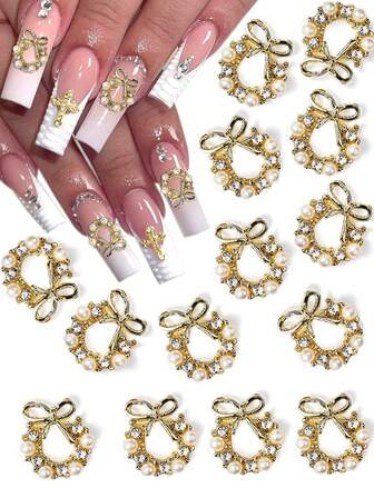 10 st. julguldgirlang nagelkonst berlock, 3D-legering metallpärla zirkonia jul julkrans post strass smycken gör-det-själv lyxiga nageldekorationstillbehör till jul nageltillbehör