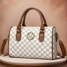 女士优雅金色“M”标志斜挎包 - 轻质 PU 材质，配有可调节肩带和顶部提手，拉链开合，字母印花设计，适合日常通勤和工作 - 深棕色/白色/黑色，日常通勤钱包，金色五金配件