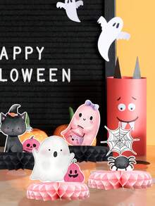 Set de 7 piezas de centro de mesa de panal con diseños adorables de Halloween como calabaza, castillo, fantasma y gato, decoraciones de papel para fiestas, decoraciones para Halloween, decoraciones de fondo para fiestas de Halloween, decoración feliz de Halloween, suministros para fiestas de Halloween, decoración para el hogar, decoración de mesa, decoración de habitación - Rosa - Ver 6