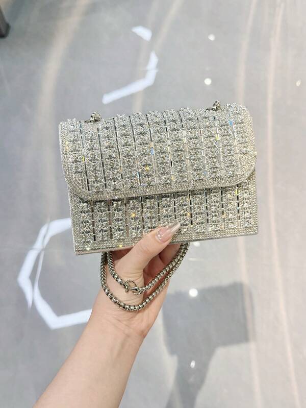 Women's Elegant Evening Clutch Bag With Magnetic Clasp Design, Rhinestone Patchwork, Must-Have For Party And Events