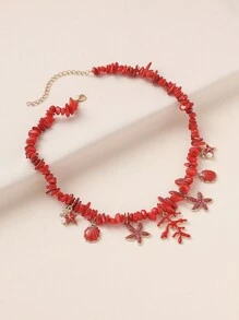 1pc Bohemian Coral Starfish Seashell Beaded Necklace, Natural Shell Color And Shape May Vary, Suitable For Women Beach Vacation, Summer Casual Everyday Wear, Travel Gift