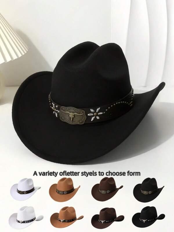 1 pieza Sombrero de fieltro de lana de unicolor para mujer, con logotipo de metal personalizado de toro, ala ancha y favorecedora, sombrero de vaquero occidental, adecuado para festivales, actuaciones, senderismo, estilo versátil unisex