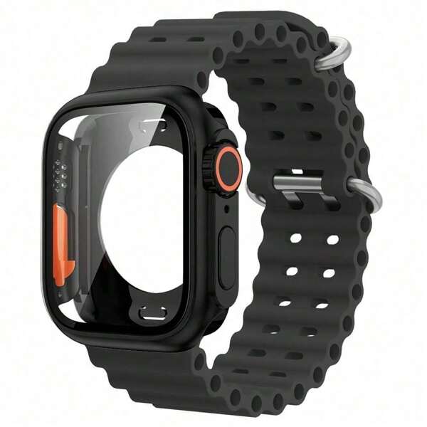 2pcs Ocean Sport Bands & Shockproof Tempered Glass Screen Protector Case, Compatible With Apple Watch 38/40/41/42/44/45/46/49mm, Compatible With Apple Watch Series Ultra/SE/10/9/8/7/6/5/4/3/2/1