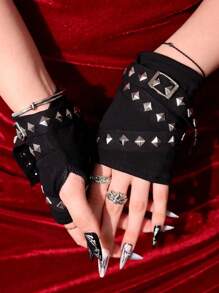 1pair Cool Rope Cross Rivet Gloves Hip Hop Korean Style Fingerless Gloves Punk Gothic Short Arm Warmer Outdoors,Halloween Clothing Accessories