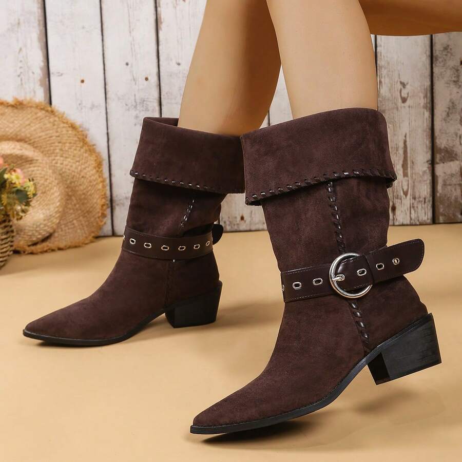 Vintage Rüschen 2-in-1 Western Stil Knöchelstiefel, Neue Kollektion Retro Damen Halbe Waden Kurze Stiefel, Spitz Zulaufende Reiter Stiefel, Lässig vielseitig