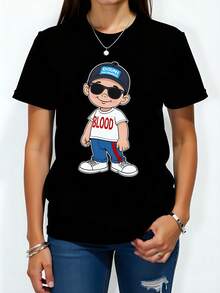 Camiseta  con Estampado de Dibujo "Blood" 180g Algodón de Alta Calidad, Cuello Redondo y Mangas Cortas, Diseño Casual y Moderno para un Look Urbano, Ideal para Primavera y Verano, Perfecta para Combinar con Jeans y Accesorios. - Negro - Ver 1