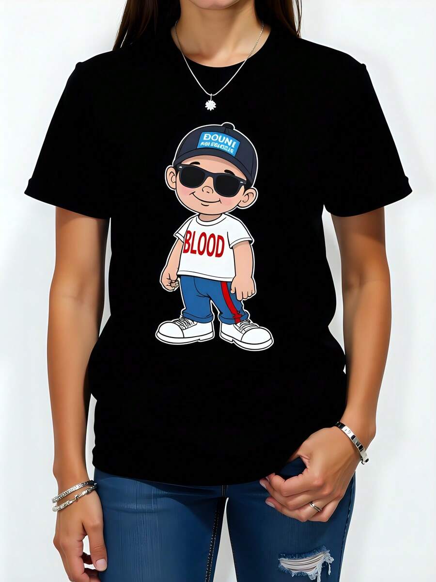 Camiseta con Estampado de Dibujo "Blood" 180g Algodón de Alta Calidad, Cuello Redondo y Mangas Cortas, Diseño Casual y Moderno para un Look Urbano, Ideal para Primavera y Verano, Perfecta para Combinar con Jeans y Accesorios. - Negro - Ver 1