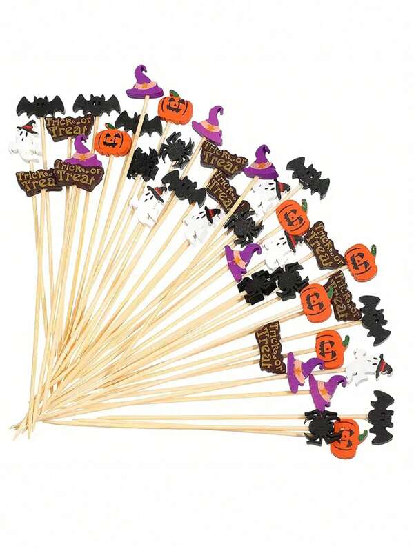 100-Piece Halloween Cocktail Picks - Bamboo Toothpicks Decorated With Pumpkin, Spider, Hat & Ghost Designs For Festive Appetizers And Cake Decorations