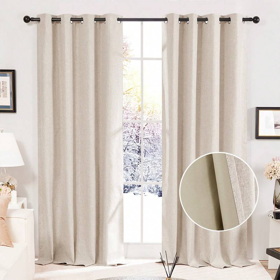 2 Pcs Full Blackout Curtains Faux Linen For Bedroom & Living Room - 100% Light Blocking Thermal Insulated Room Darkening, Noise Reducing, Modern Contemporary Style, 52 Inch Wide - 卡其色 - 查看 1