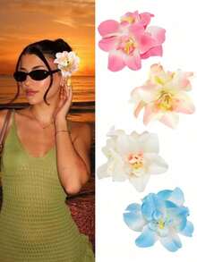 4pcs/1set Hawaiian Flower Hair Clips, Women Artificial Tropical Flower Hibiscus Hair Claws For Beach Holiday Party Boho Style, Fashion, Elegant, Minimalist, Solid Color, Suitable For Daily, Casual, Party, Commute, Vacation, Bun, Ponytail, Face Washing, Makeup, Outfit Accessories - Multicolor - View 4