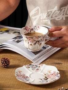 1pc Classic Floral Ceramic Coffee Cup And Saucer Set, Retro Gold Rim, High-End Latte/Tea Cup For Home - Multicolor - View 8