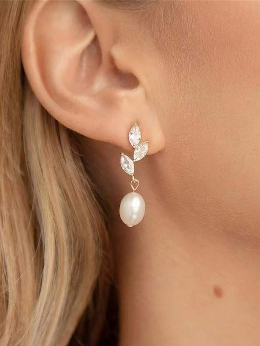 Pendientes elegantes, exquisitos, lujosos y preciosos con hojas de perlas falsas y circonita cúbica para mujer, regalo para boda, uso diario, vacaciones, festival de música, aniversario, regalo de pareja, regalo para ella