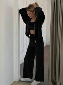 1 Set Tuta Casual ed Elegante in Velluto Tinta Unita, Composta da Top, Gilet e Pantaloni, Adatta per Uso Domestico e Casual, Colore Nero, Primavera/Autunno - nero - Visualizzare 7