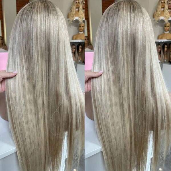 Peluca recta para mujeres de cabello humano de resaltado rubio ceniza beige, sin pegamento, densidad de 180, 22 pulgadas, doble dibujado, ombré balayage, con frontal de encaje transparente de 13x4 y cabello baby previamente recortado