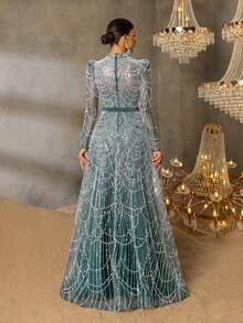 Elisanya Váy dạ hội chữ A đính cườm/sequin cổ cao tay dài FAERIESTY thanh lịch dành cho các buổi dạ hội trang trọng, sự kiện thảm đỏ, đám cưới sang trọng, tiệc chiêu đãi lớn và các sự kiện từ thiện cao cấp - Màu xanh lá cây đậm - Xem 2