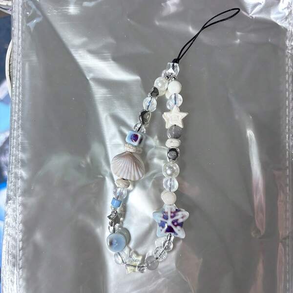 1 Stück blauer Stern Muschel Perlen Handyschlaufe, süße Charm Kette Lanyard, Schlüsselanhänger, Kamera-Tragriemen, Handy-Hülle Dekoration, Frauen Rucksack Anhänger