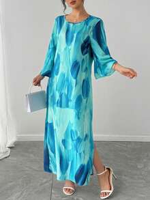 1pc Women's Tie-Dye Green Bell Sleeve Slit Hem Casual Robe, Elegant For Holidays, Festive Ceremonies, Luxury Evening Gown, Arab Style Long Robe - Green - View 3