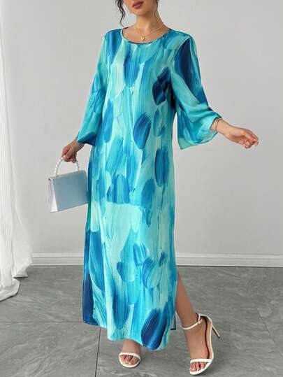 1pc Women's Tie-Dye Green Bell Sleeve Slit Hem Casual Robe, Elegant For Holidays, Festive Ceremonies, Luxury Evening Gown, Arab Style Long Robe