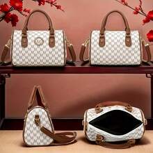 女士优雅金色“M”标志斜挎包 - 轻质 PU 材质，配有可调节肩带和顶部提手，拉链开合，字母印花设计，适合日常通勤和工作 - 深棕色/白色/黑色，日常通勤钱包，金色五金配件