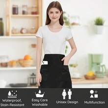 3 Piezas Delantales Corto de Cintura con 3 Bolsillos, Impermeable Chef Delantal Negro para Hombres y Mujeres, Delantal de Cocina Camarero Ajustable para Restaurante Cafetería - Negro - 70x46 cm - Ver 3