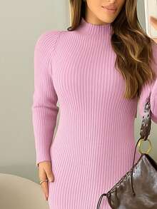 RIBBED DRESS WITH ELEGANT SLEEVES HIGH QUALITY MODAL AUTUMN AND WINTER - Baby Pink - View 2