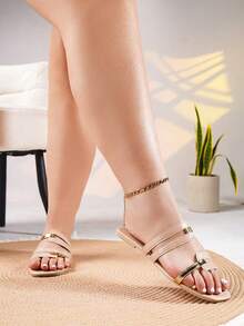 Wide Fit Women's New Flat Sandals, Extra Wide Strap Slippers For Plus Size Ladies,Suitable For Summer Daily Wear, Party & Outdoor Activities - Apricot - View 2