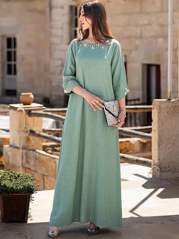 BEAUTY AMINAH [5041 Mint Green Beaded V-Neck Maxi Dress] Decorative Embroidery On Neckline And Cuffs + Flowing Skirt Hem, Elegant Party Dress