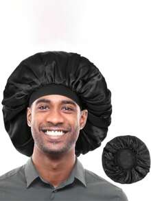 男士睡帽，真丝单层发帽，夜用裹发睡帽，带可调节带子，可翻转睡帽，男女卷发缎面睡帽，黑色