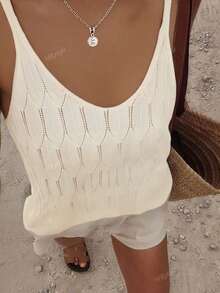 Women Simple Solid Color Sheer Mesh Texture Knitted Tank Top, For Daily Wear, Summer