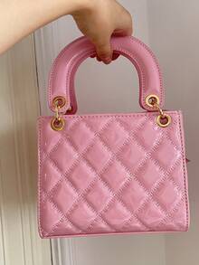 1pc PU Leather Quilted Handbag With Embroidered Strap, Versatile Lacquered Leather Tote Bag, Structured Mini Crossbody Bag, Geometric Pattern Purse - Pink - View 4