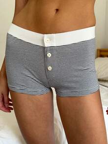 Women Cute Sleep Shorts Lounge Shorts Button Floral Print Low Rise Micro Shorts Slim Fit Pajama Bottoms - Sọc đen trắng - Xem 2
