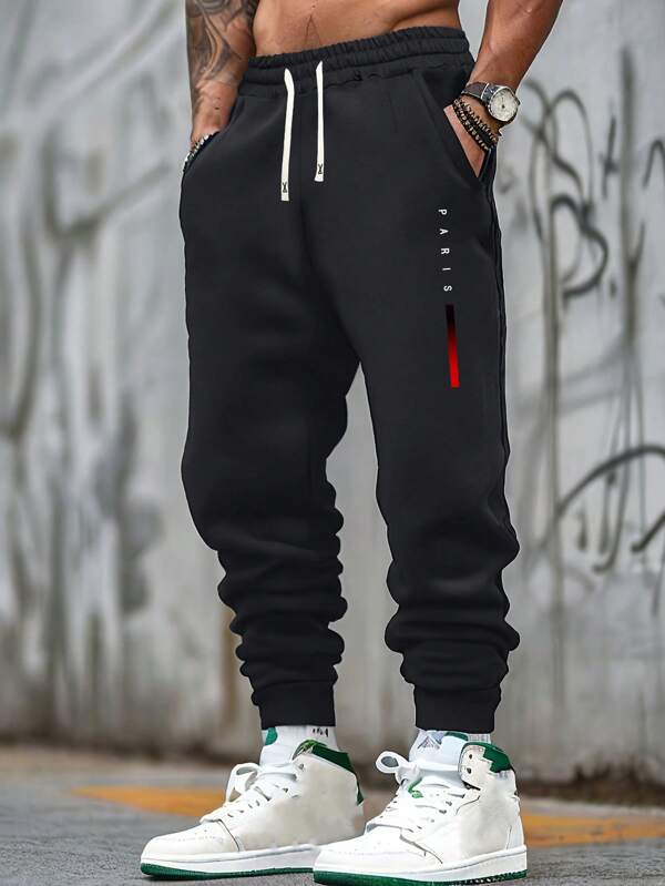 Men's Casual Letter Print Pants With Pockets, Elastic Waist Drawstring, Regular Fit Leisure Trousers For Outdoor, Golf, Fishing, Camping, Gym, Suitable Gift For Husband Or Boyfriend, Spring/Autumn