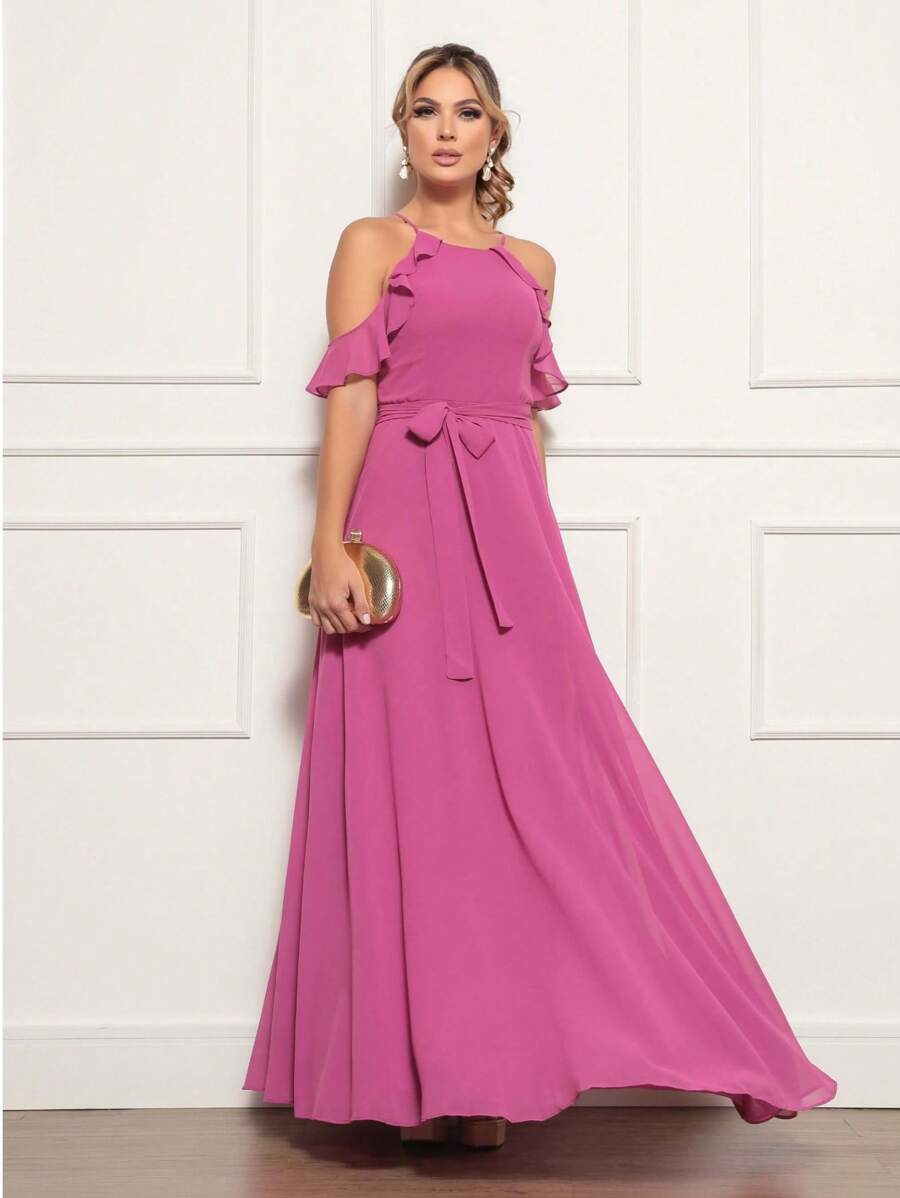 LONG DAYSE CHIFFON PARTY DRESS - 玫紅色 - 查看 1