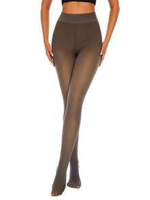 Women's Leggings - Fake Semi-Transparent Leggings, High-Waisted Pantyhose, Transparent Thick And Warm Leggings (Size: L) - 咖色 - 查看 4