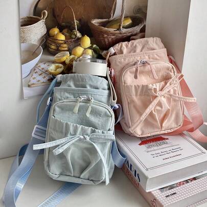 1pc Bow Women's Multi-Functional Storage Bag, Diagonal Storage Bag With Lanyard, Portable Travel Small Backpack, Women's Messenger Bag, Storage Bag For Water Glasses, Mobile Phones, Bluetooth Headphones, Change, Books