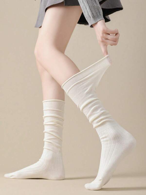 2 pares de calcetines grises de felpa para primavera y otoño, medias hasta la rodilla, medias de media pantorrilla para mujeres delgadas de color marfil sobre la rodilla, con efecto moldeador, adecuados para uso diario