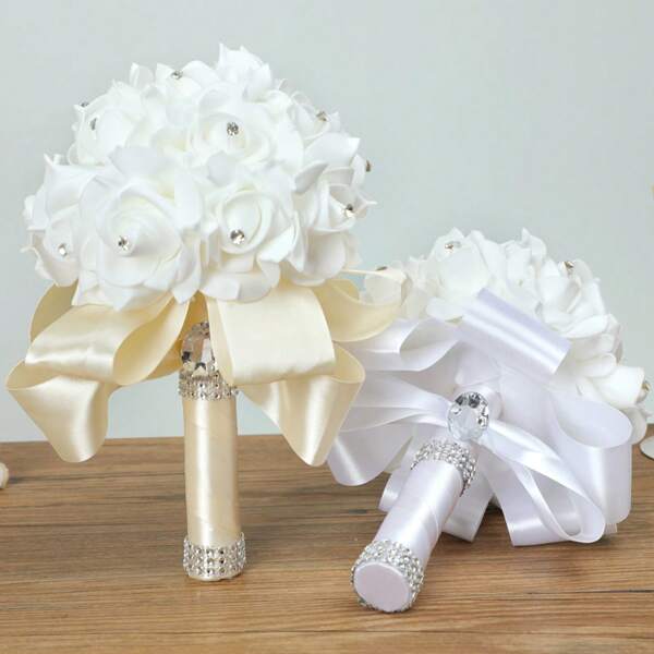 1 Bundle Elegant Bridal Wedding Bouquet, Wedding Bouquet Artificial Flowers, Bridesmaid Bouquet With White Roses Hydrangeas, Crystal Pearls Rhinestones, Soft Ribbon Handle Artificial Flowers, Perfect For Weddings, Engagements, And Valentine's Day, Bridesmaid Gifts