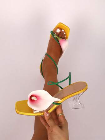 1 Pair Solid Color Fairy Beach Basic Party Wedding PU Leather Floral Women High Heel Sandals, Suitable For Beach, Wedding, Party, Summer