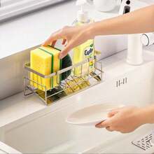 1 pièce Rangement pour évier de cuisine avec porte-serviettes et plateau d'égouttage automatique, support pour éponge. Organiseur et rangement pour évier de cuisine en acier au carbone anti-rouille. Accessoires d'évier de cuisine.